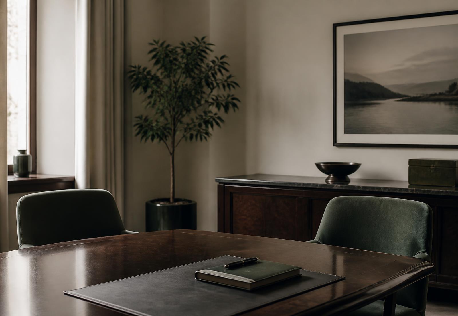 Sala de reuniones sobria de una firma patrimonial familiar